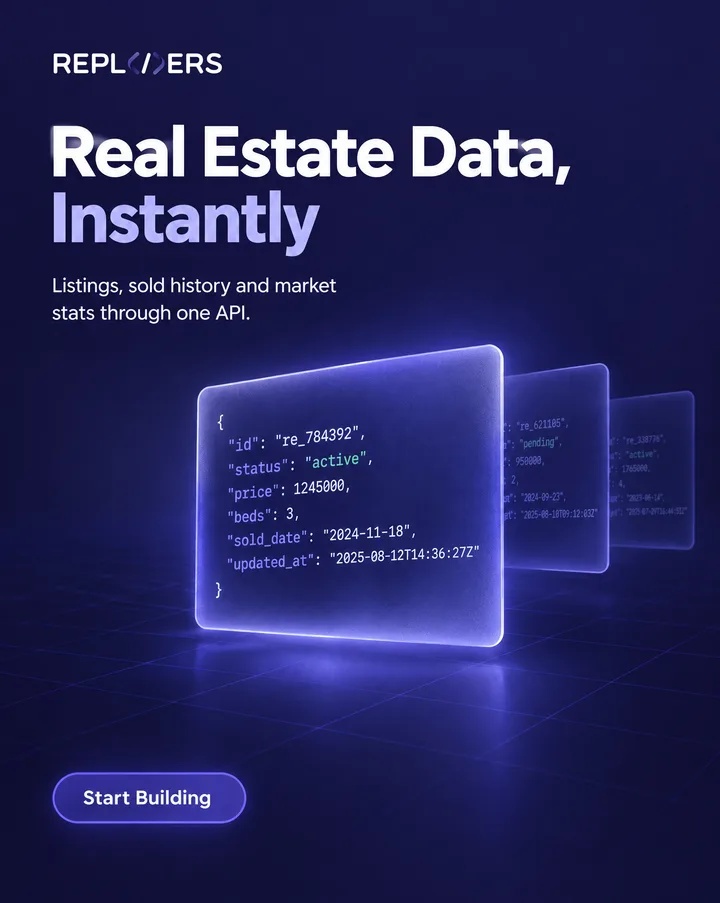 Repliers post: "Real Estate Data, Instantly", glowing glass API cards