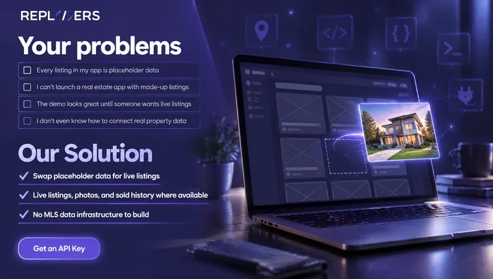 Repliers ad: "Your problems, our solution", a checklist beside a laptop showing a property listing